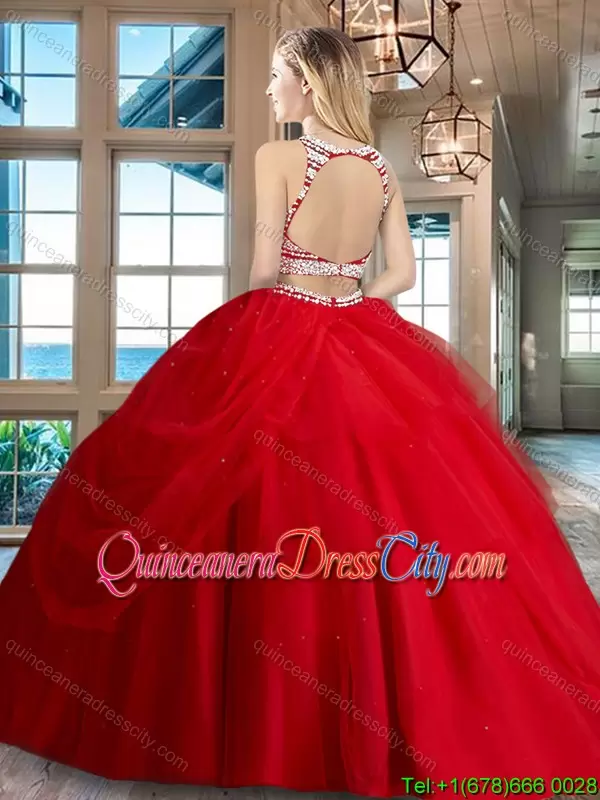 Red Detachable Tulle Beaded and Bubble Open Back Quinceanera Dress Sexy