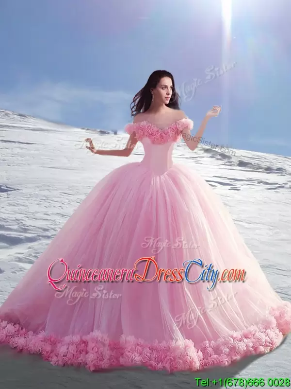 Puffy Bottom Pink Off Shoulder Cap Sleeves 3D Flowers Quinceanera Dress with Train