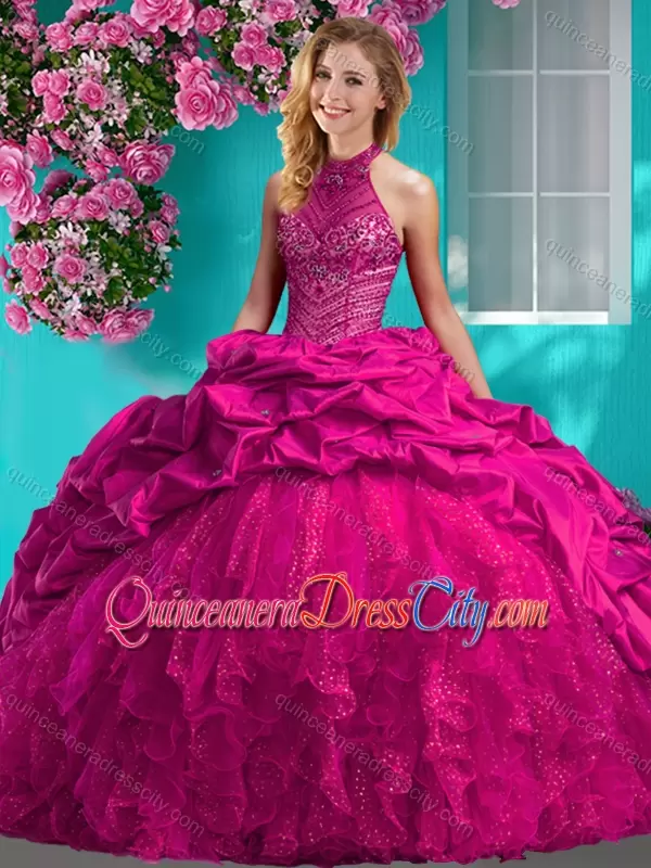 halter high neck quinceanera dress with bling,quinceanera dress with halter neckline,red halter quinceanera dress,modern day quinceanera dress,sparkly quinceanera dress,where can i find sparkly quinceanera dress,red ruffled quinceanera dress,sleeveless ruffled quinceanera dress,short with train quinceanera dress,
