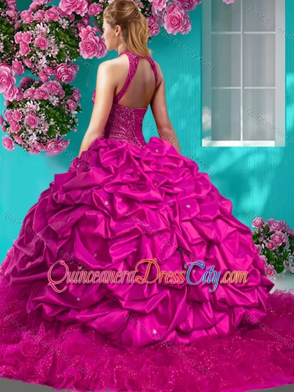 halter high neck quinceanera dress with bling,quinceanera dress with halter neckline,red halter quinceanera dress,modern day quinceanera dress,sparkly quinceanera dress,where can i find sparkly quinceanera dress,red ruffled quinceanera dress,sleeveless ruffled quinceanera dress,short with train quinceanera dress,