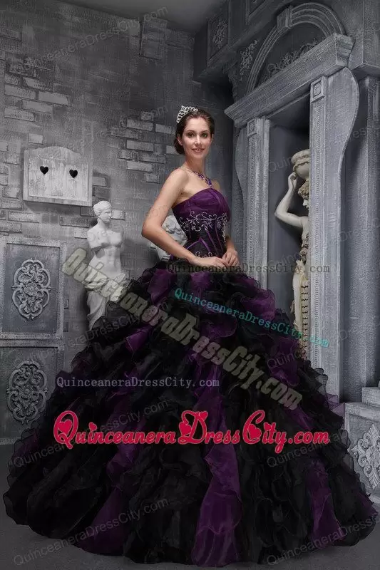 Puffy Dark Purple and Black Ruffled Skirt Quinces Dress without Train Under 200