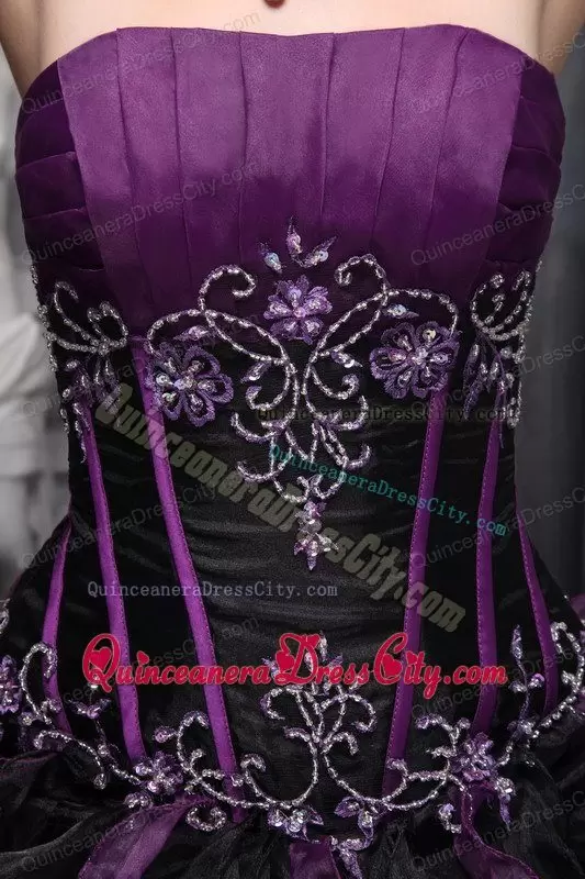 Puffy Dark Purple and Black Ruffled Skirt Quinces Dress without Train Under 200
