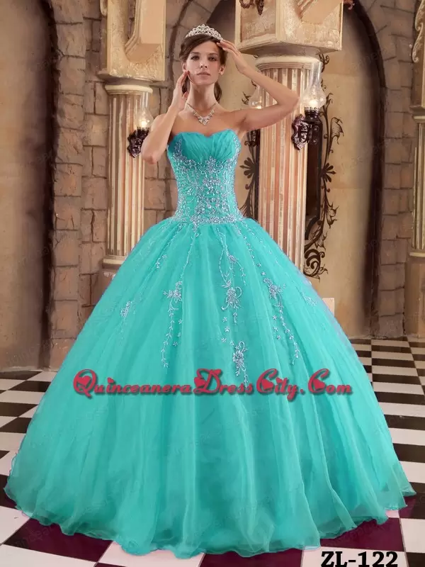 Auqa Ball Gown Long Organza Quinceanera Dress with Beading