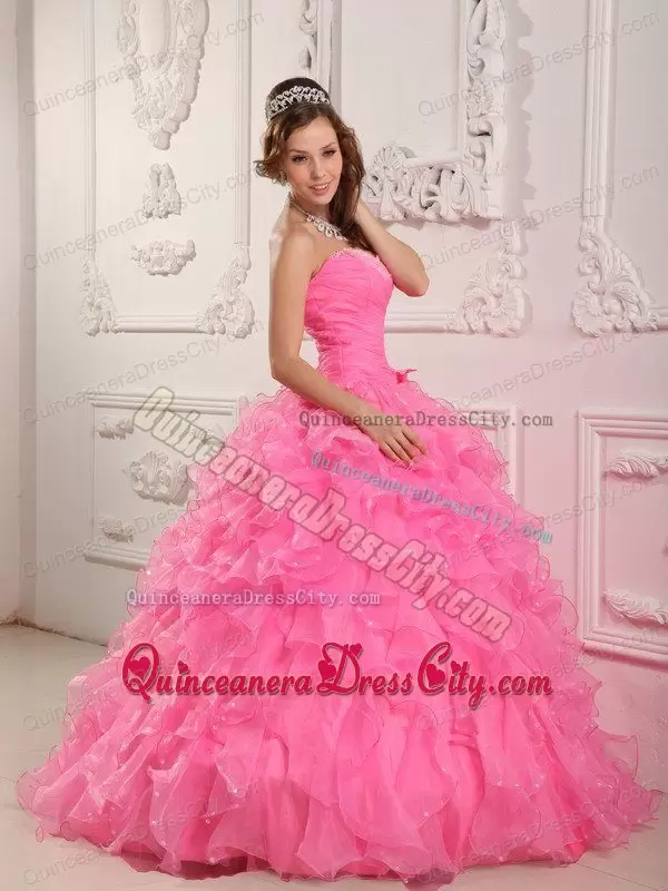 Ruffled Rose Pink Sweetheart 3D Flowers Dress for Quince Simple Style