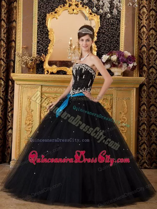 Simple No Puffy Black Quinceanera Dress with Appliques and Aqua Belt