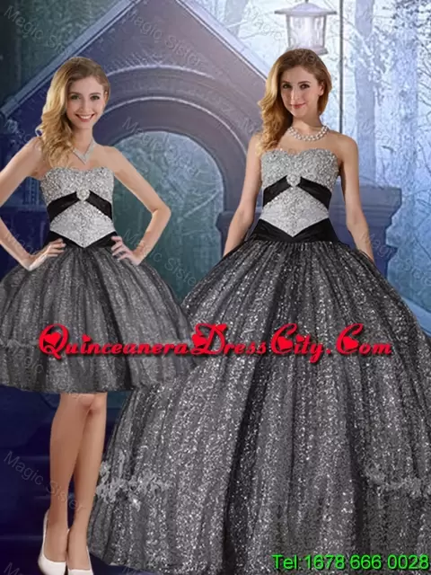Sparkled Silver Sequins Detachable Three Piece Quinceanera Dresses with Appliques