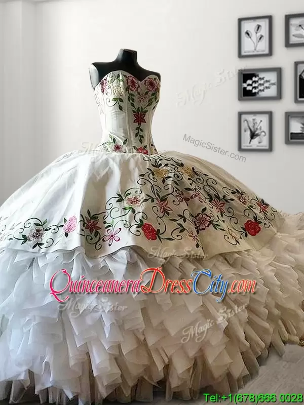 Mexican Themed Floral Embroideried and Ruffled White Quinceanera Dress Sweetheart