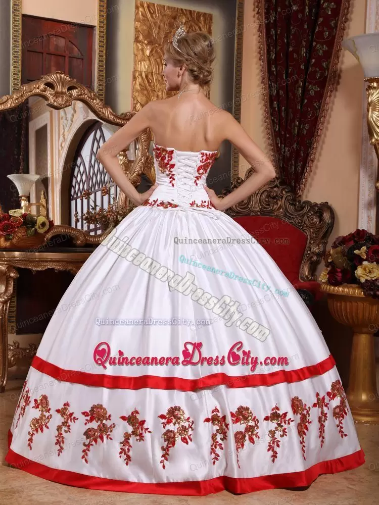 White Satin Quinceanera Dress with Red Appliques Under 200 Free Shipping