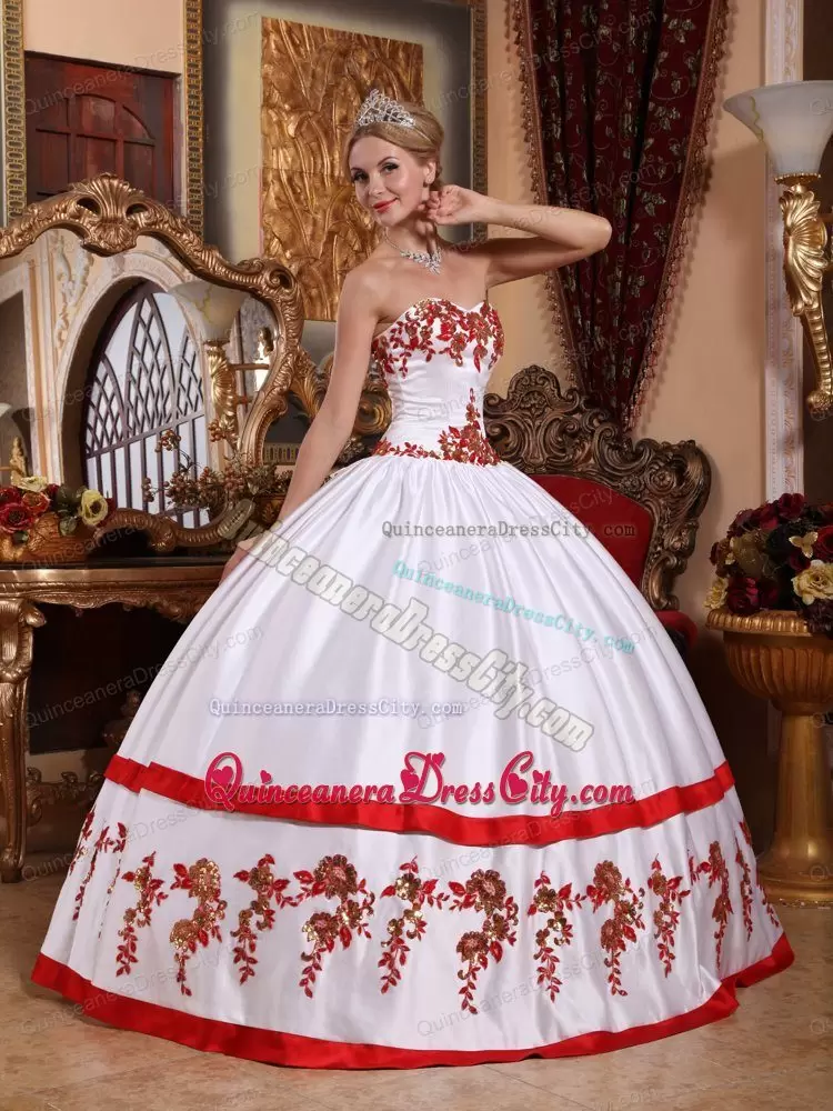 White Satin Quinceanera Dress with Red Appliques Under 200 Free Shipping