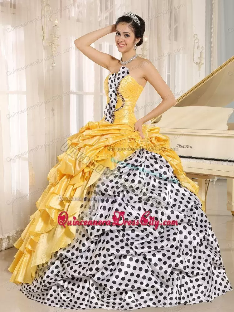 Pretty Yellow Taffeta Pick-ups White and Black Spot Quinceanera Dress Under 200