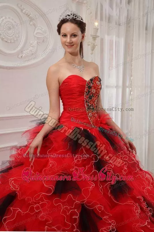 Red And Black Tulle Puffy Bottom Ruffles Quinceanera Dress Sweetheart