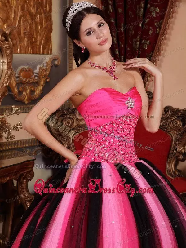 Multi-colored Light Pink and Black Tulle Beaded Puffy Quinceanera Dress