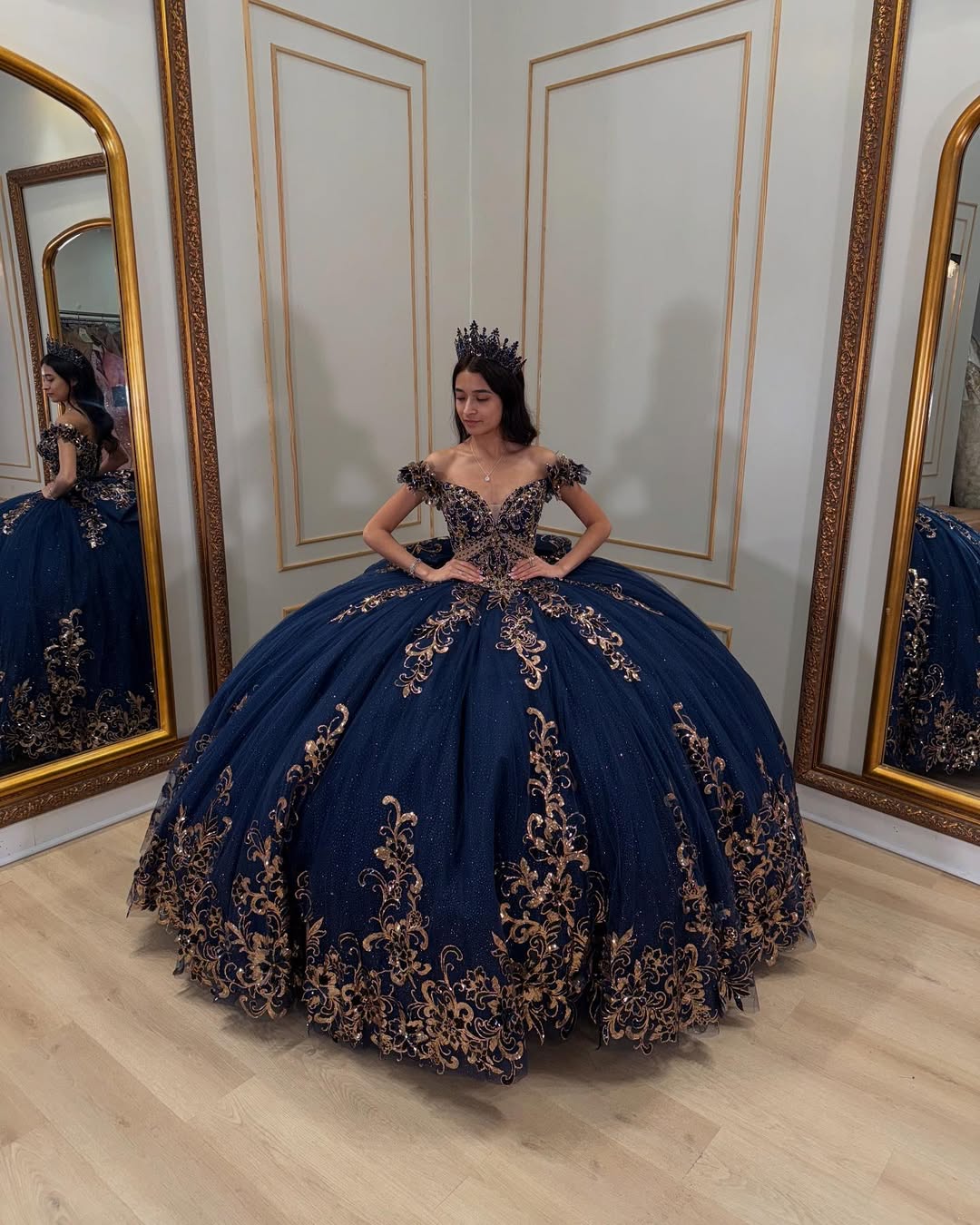 Discount Navy Blue and Gold Quinceanera Dress with Beaded Bodice and Bow Back