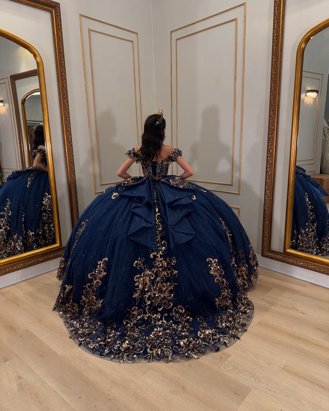 Discount Navy Blue and Gold Quinceanera Dress with Beaded Bodice and Bow Back