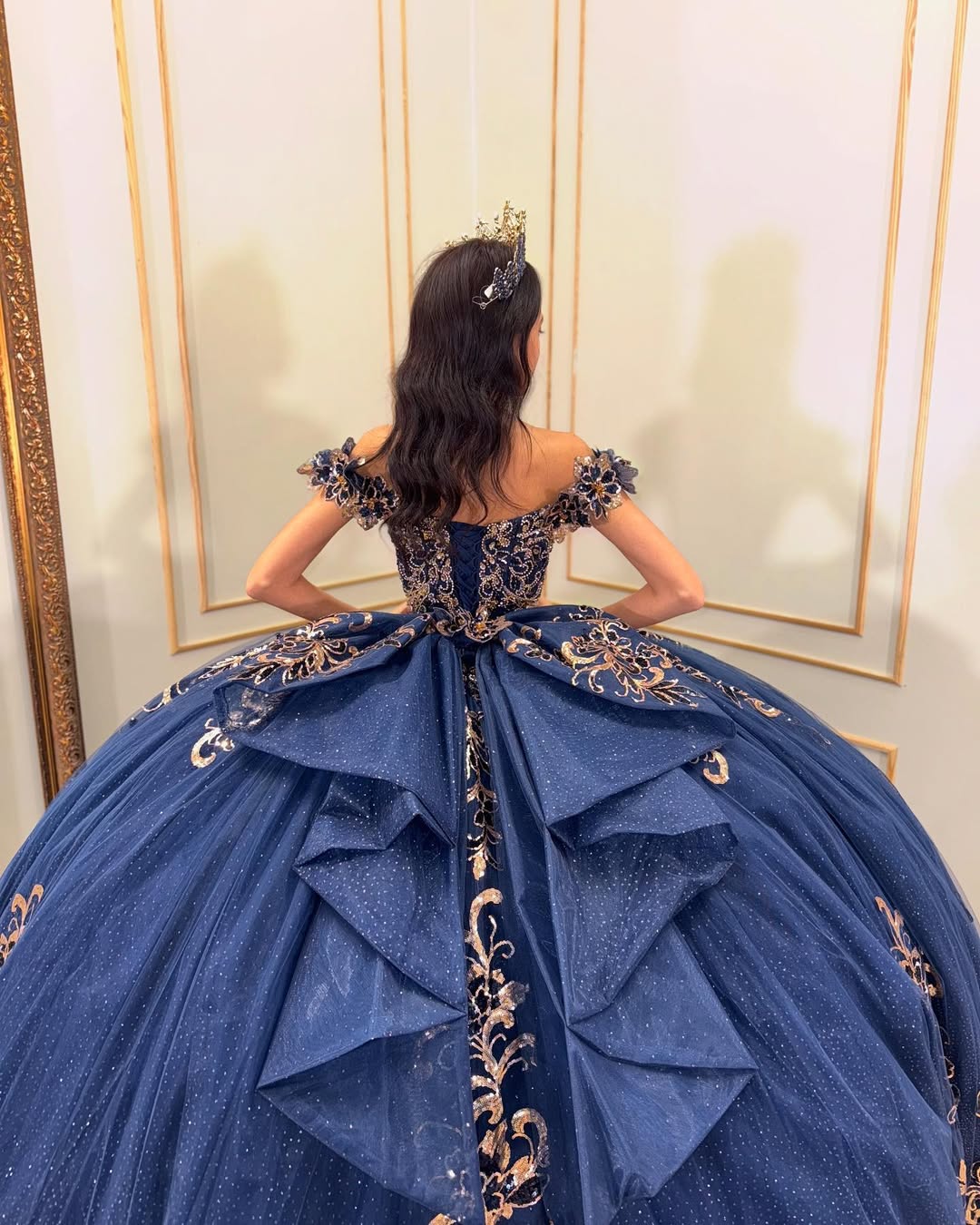 Discount Navy Blue and Gold Quinceanera Dress with Beaded Bodice and Bow Back