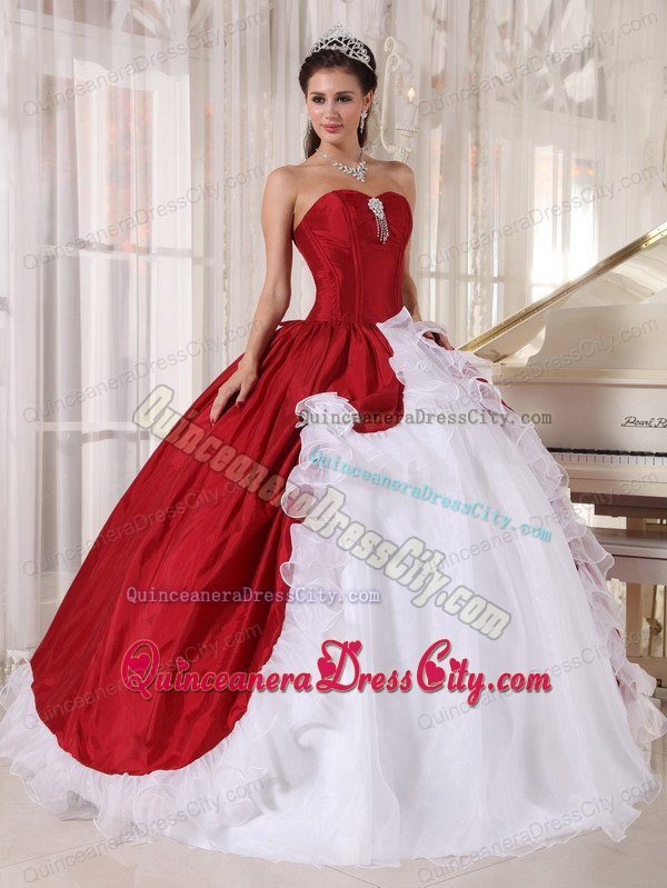 Cheap Simple Ruffled Red and White Ball Gown Quinceanera Dress Online Sale