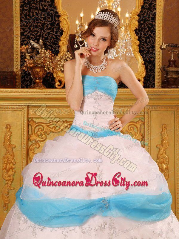 Affordable White And Aqua Blue Organza Appliques Quinceanera Gown with Pick Ups
