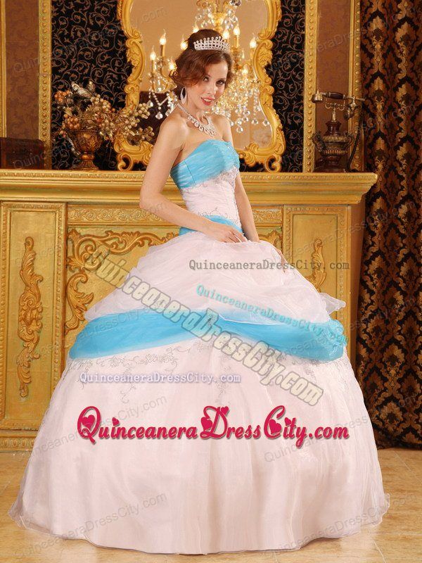 Affordable White And Aqua Blue Organza Appliques Quinceanera Gown with Pick Ups
