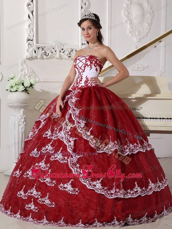 Simple Ball Gown Organza Burgundy and White Quinceanera Dress with Floral Appliques