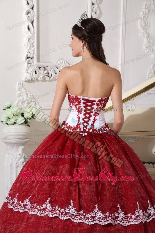 Simple Ball Gown Organza Burgundy and White Quinceanera Dress with Floral Appliques