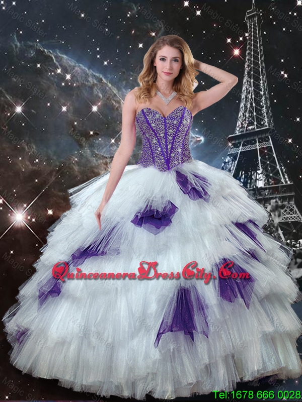 Beautiful Beaded Bodice White and Purple Quinceanera Dress Puffy Tulle Skirt