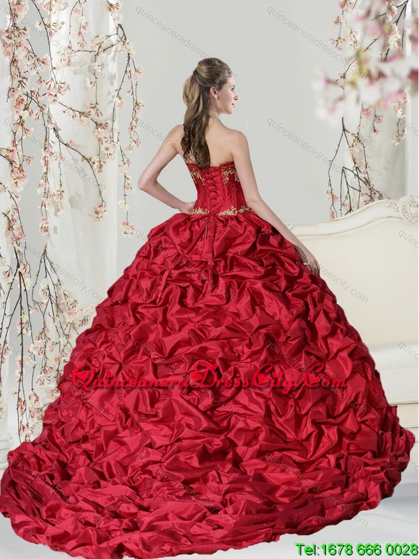 Beautiful Wine Red Pick ups Quinceanera Dress with Gold Embroidery and Short Train