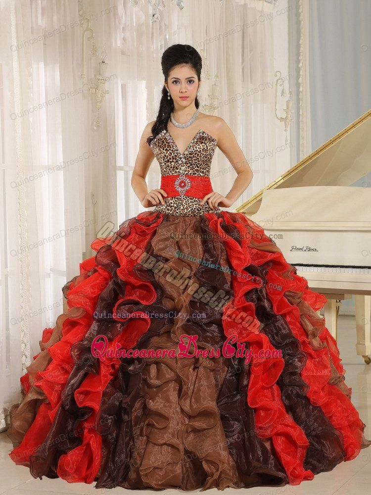 Multi-layer Leopard Printed Small V Shape Neck Ruffled Quinceanera Dress with Belt