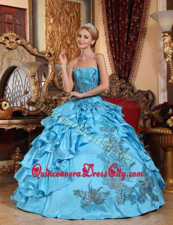 Beautiful Appliqued and Ruffled Taffeta Quinceanera Dress Aqua Color Ball Gown