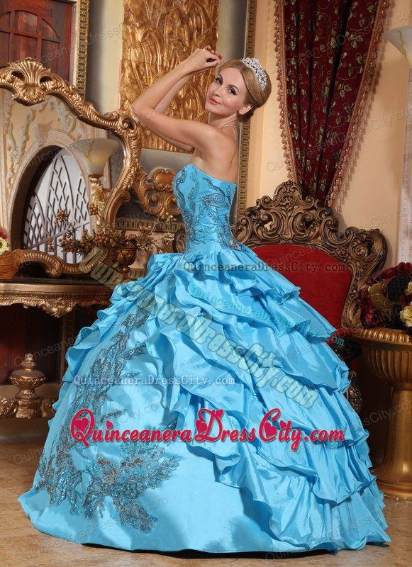 Beautiful Appliqued and Ruffled Taffeta Quinceanera Dress Aqua Color Ball Gown