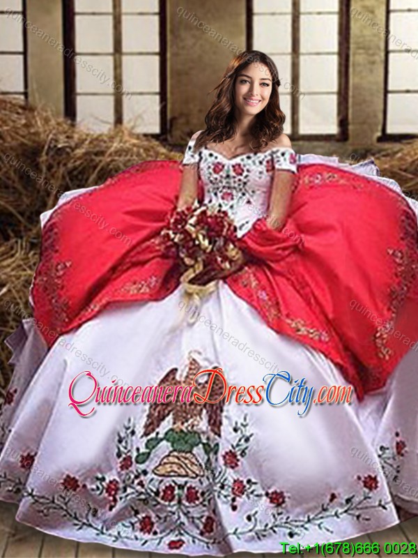 Mexican Floral Embroideried Eagle White and Red Quinceanera Dress with Hawk