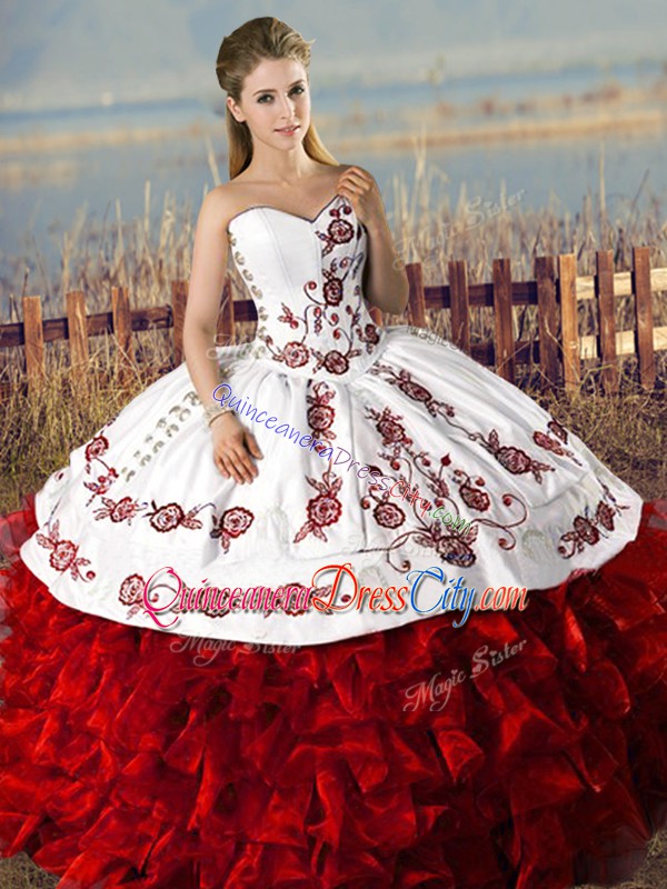 Embroidery and Ruffles Sweetheart Quince Dress White And Red with Buttons