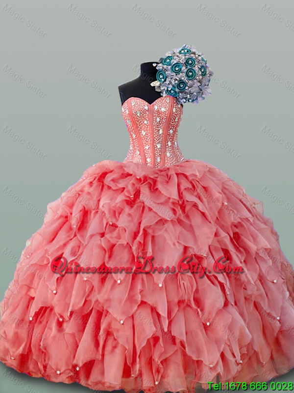 Perfect Watermelon Pink Beaded Crystal Bodice Quinceanera Dress with Puffy Skirts