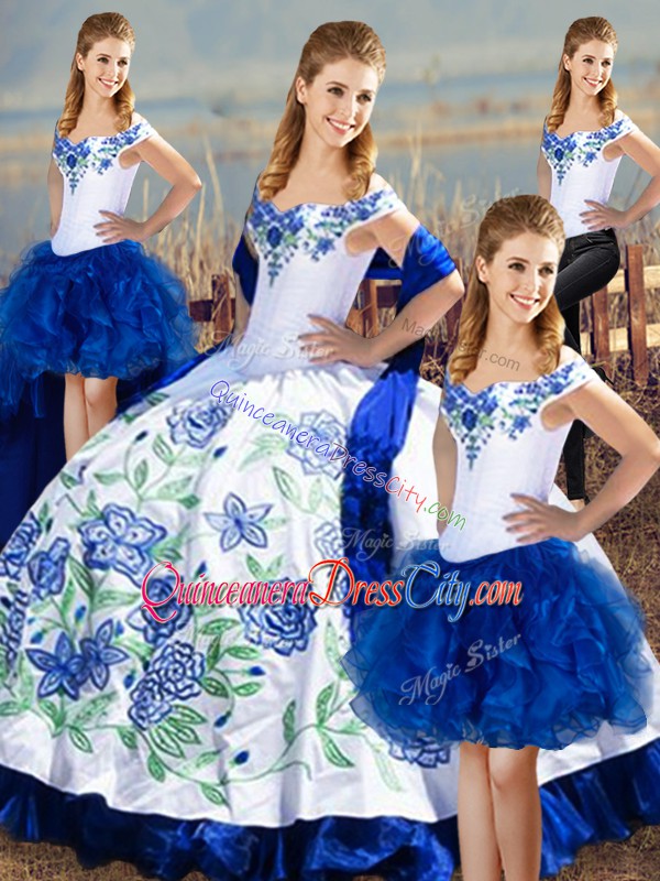 Sleeveless Floor Length Embroidery Lace Up 15 Quinceanera Dress with Blue And White