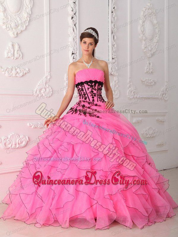 Pink Organza Quinceanera Dress with Ruffles And Black Appliques