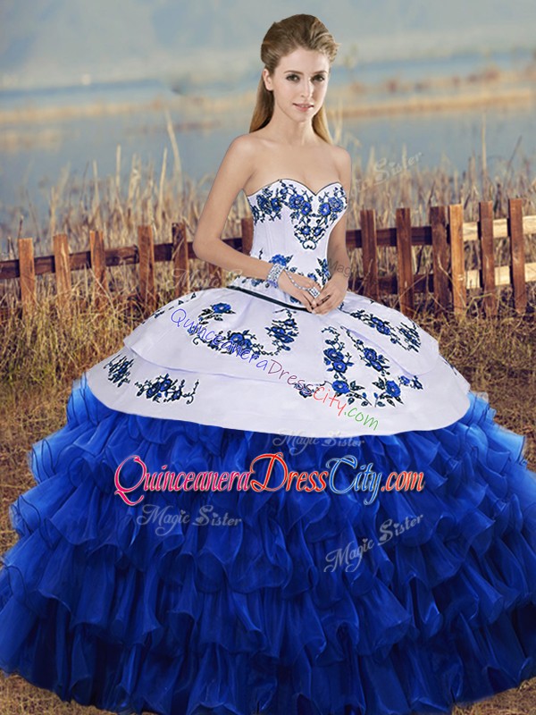 Embroidery and Ruffled Layers and Bowknot 15 Quinceanera Dress Royal Blue Lace Up Sleeveless Floor Length