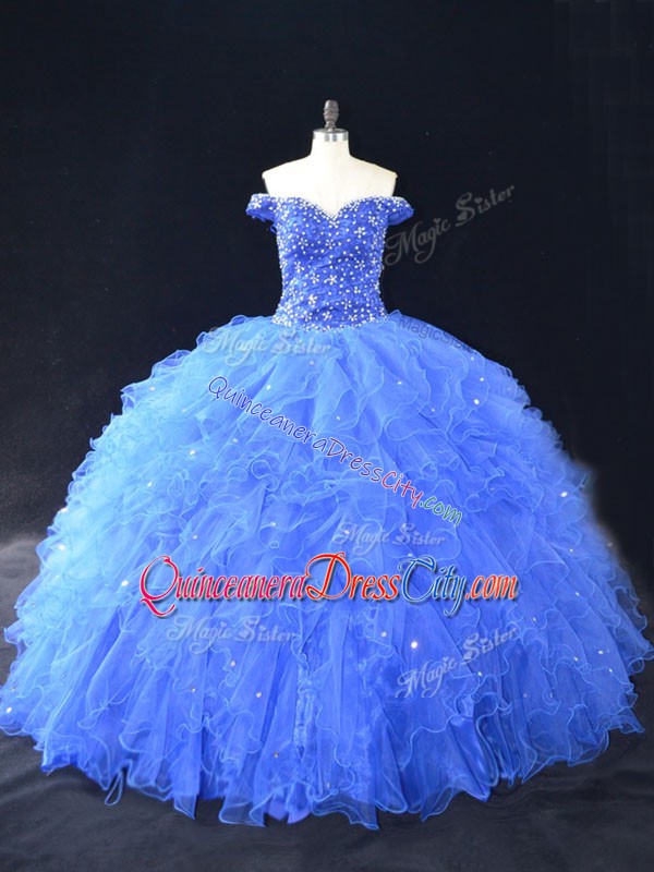 Eye-catching Blue Off The Shoulder Lace Up Beading and Ruffles Quinceanera Dresses Sleeveless