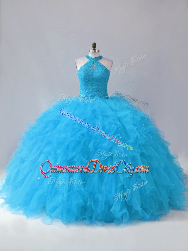 halter top quinceanera dress,halter neckline quinceanera dress,template cutout quinceanera dress,quinceanera dress with ruffles,lace up style quinceanera dress,blue quinceanera dress for sale,blue sweetheart quinceanera dress,