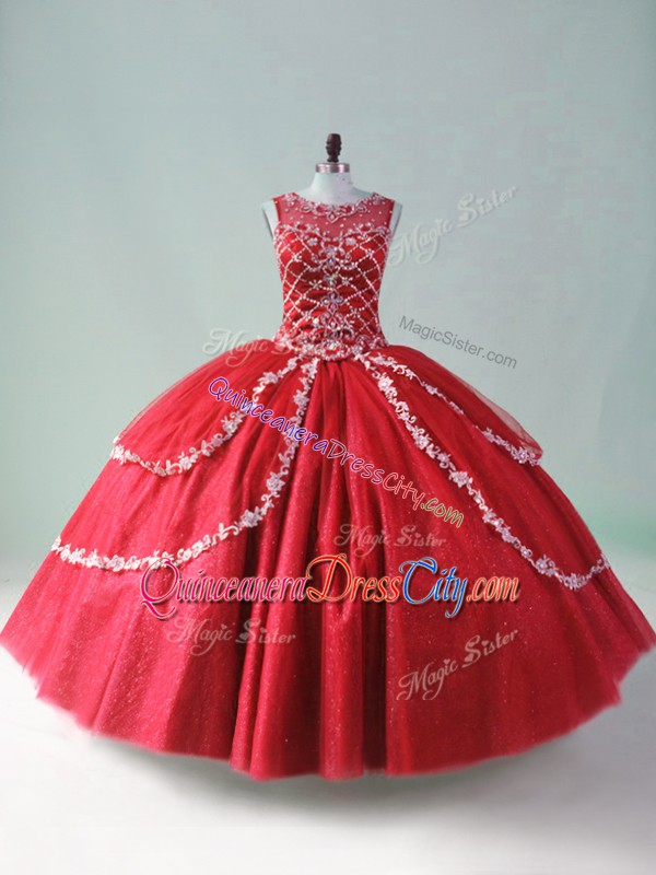 Great Red Scoop Neckline Beading and Appliques 15 Quinceanera Dress Sleeveless Zipper