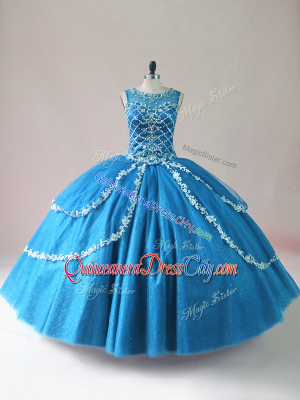New Style Beading and Appliques 15 Quinceanera Dress Baby Blue Lace Up Sleeveless Floor Length