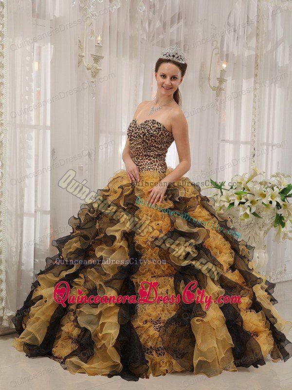 Leopard Print Sweetheart Quinceanera Gown Dress with Ruffled Layers