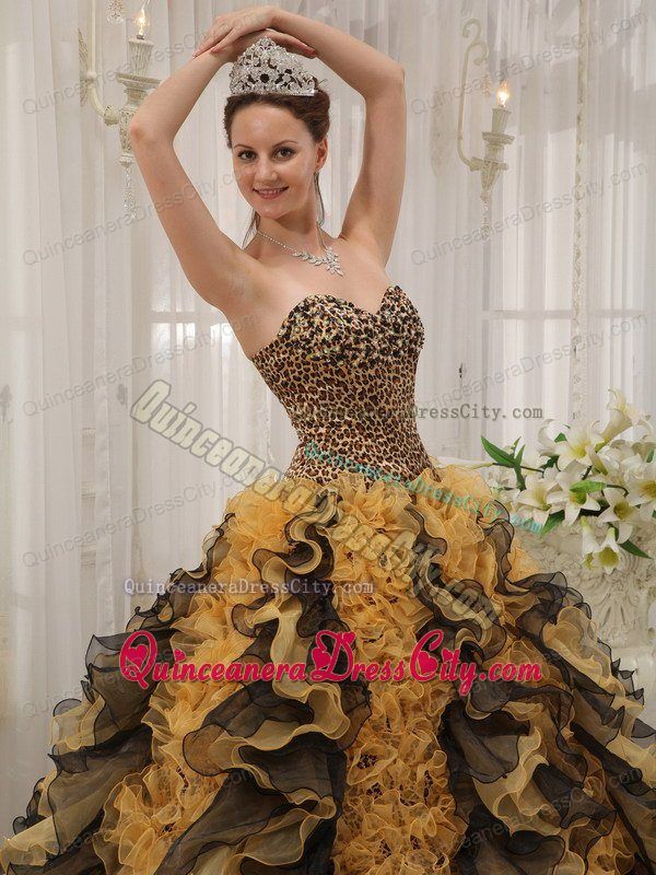 Leopard Print Sweetheart Quinceanera Gown Dress with Ruffled Layers
