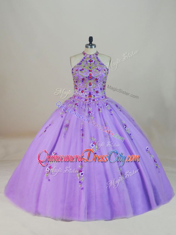 lavender quinceanera dress,cheap lavender quinceanera dress,halter tops quinceanera dress,floral embroidered quinceanera dress,tulle quinceanera dress with embroidery and beading,short with train quinceanera dress,free shipping quinceanera dress,