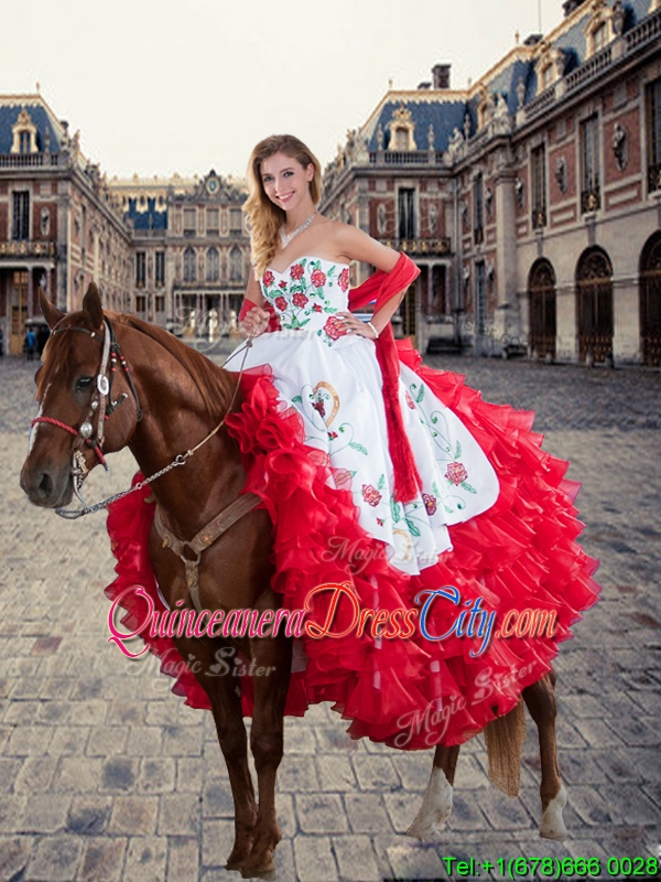 Luxurious White and Red Quinceanera Dresses with Ruffled Layers and Embroidery