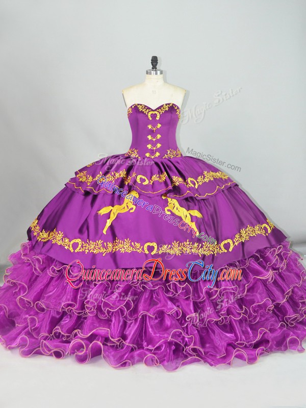 Purple Lace Up Sweetheart Embroidery and Ruffles 15 Quinceanera Dress Satin and Organza Sleeveless Brush Train