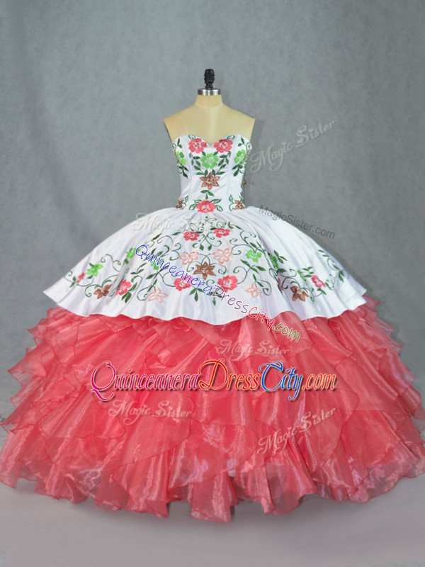 Mexican Coral Pink and White Floral Embroideried Quinceanera Dress