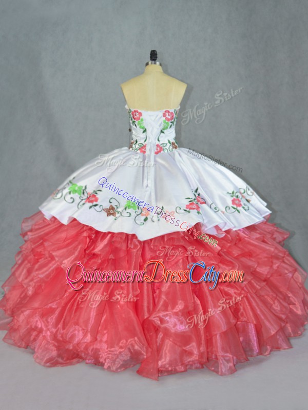 Mexican Coral Pink and White Floral Embroideried Quinceanera Dress