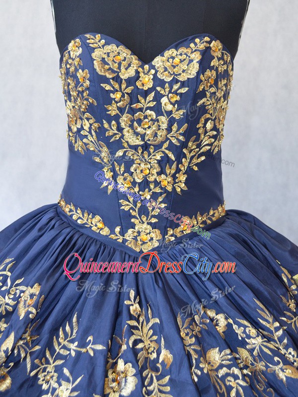 Inexpensive Floor Length Navy Blue Quinceanera Dress Organza Sleeveless Embroidery and Ruffled Layers
