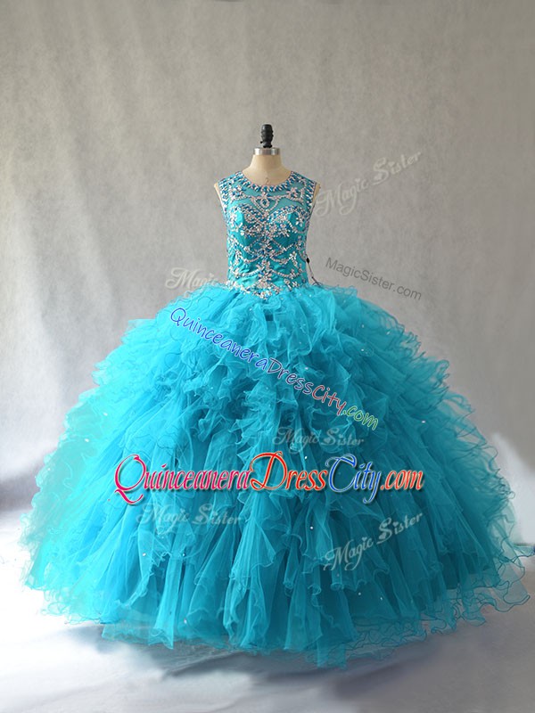 Scoop Sleeveless Tulle Sweet 16 Quinceanera Dress Beading and Ruffles Lace Up