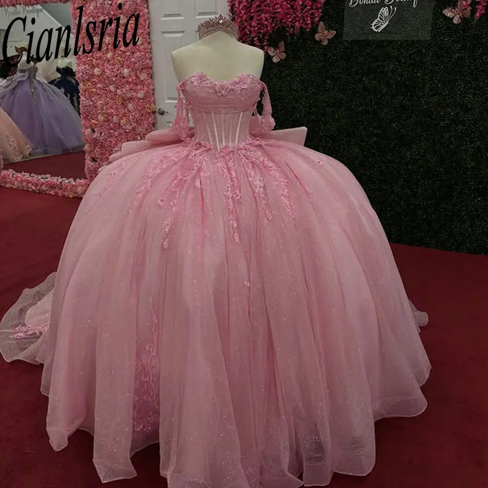 Ballet Pink Off Shoulder Quinceanera Dress with Glitter Tulle Beaded Appliques Illusion Corset Bodice