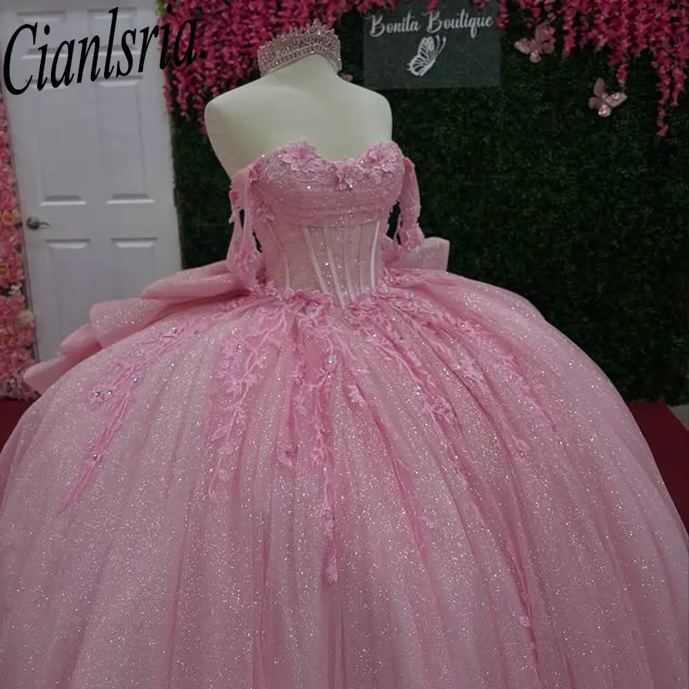 Ballet Pink Off Shoulder Quinceanera Dress with Glitter Tulle Beaded Appliques Illusion Corset Bodice